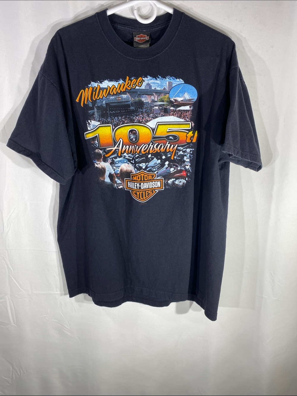 Harley-Davidson Black 105th Anniversary Graphic Tee with Orange Accents